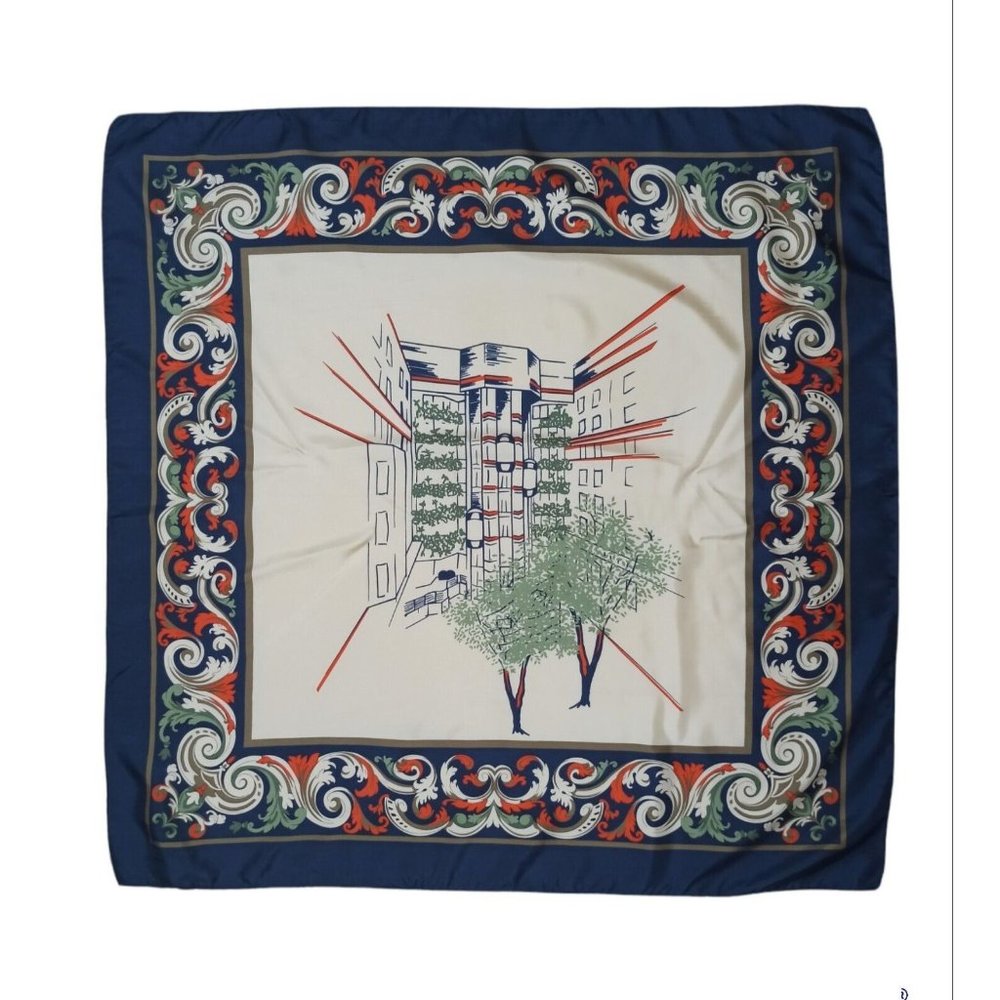 RADISSON Blue/Ivory Radisson Hotel Silk Scarf ITALY 34.5"/ 34” EC
